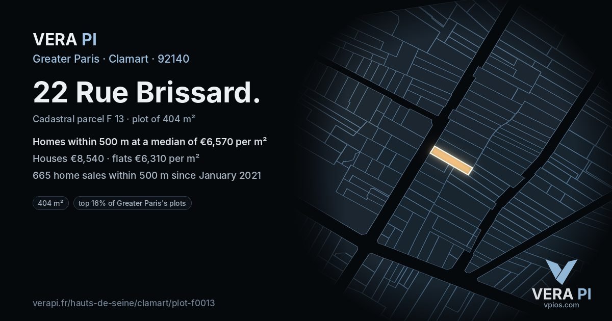 22 Rue Brissard, Clamart at night – the plot lit, the parcels around coloured by the prices near them