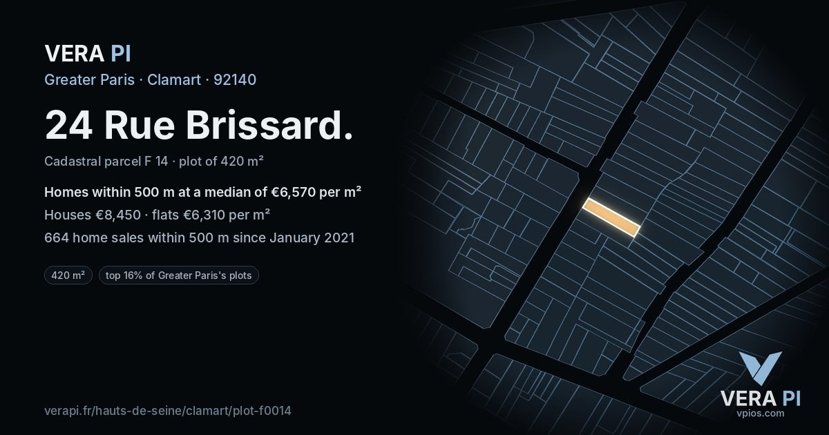24 Rue Brissard, Clamart at night – the plot lit, the parcels around coloured by the prices near them