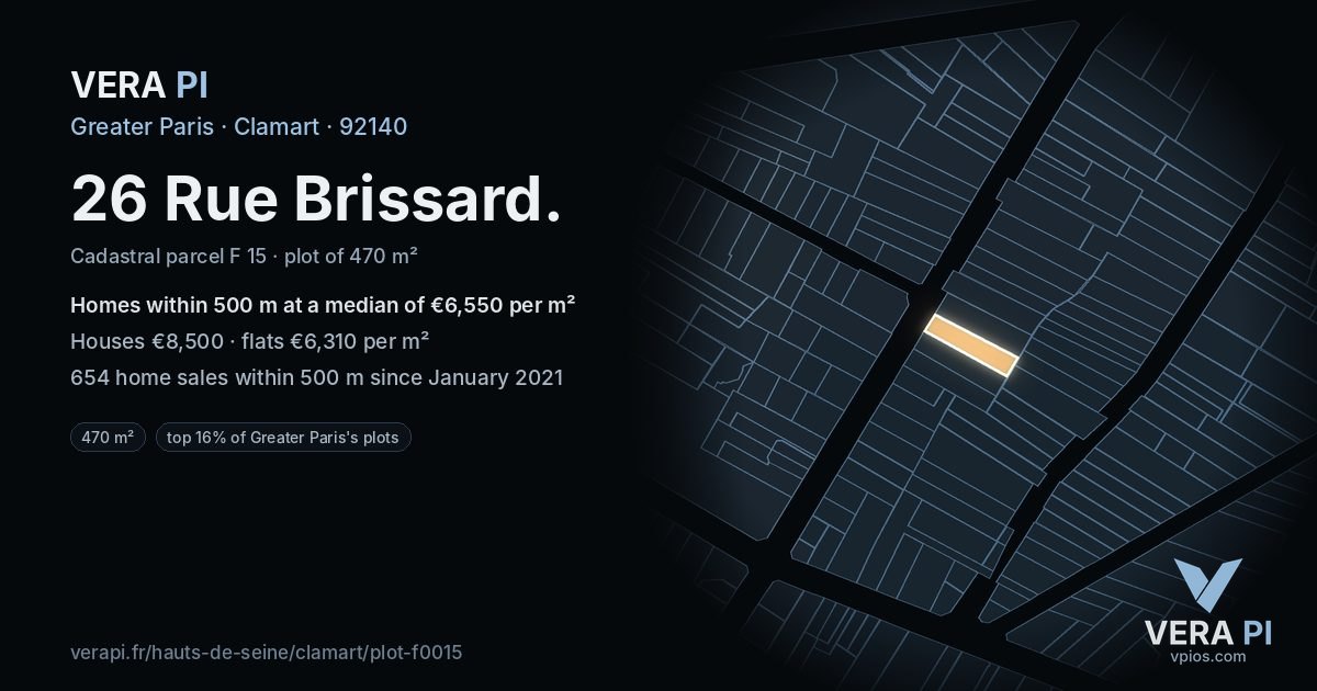 26 Rue Brissard, Clamart at night – the plot lit, the parcels around coloured by the prices near them