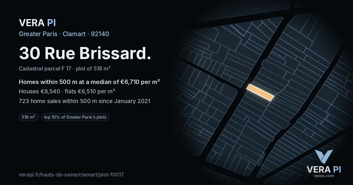 30 Rue Brissard, Clamart at night – the plot lit, the parcels around coloured by the prices near them