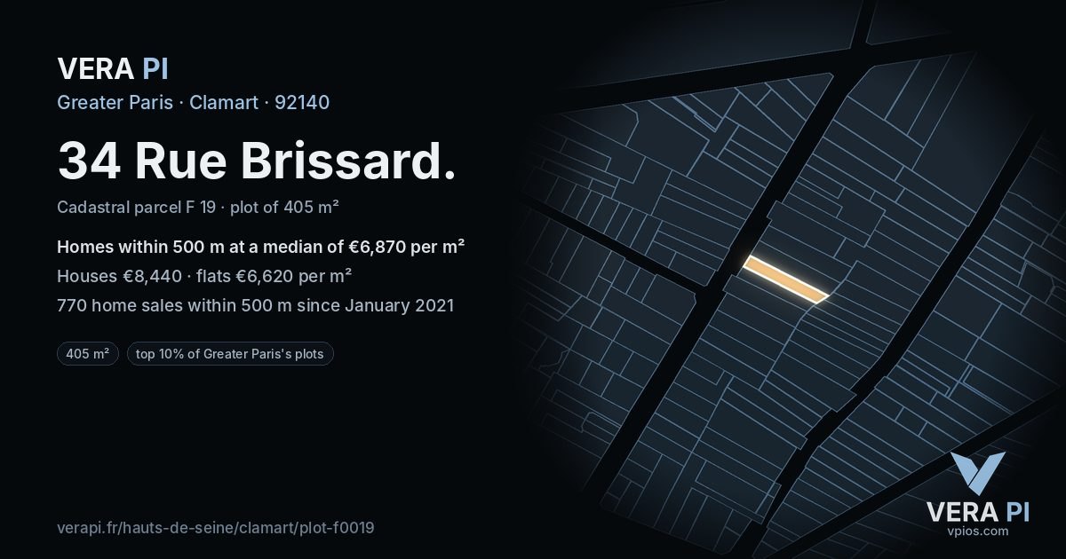34 Rue Brissard, Clamart at night – the plot lit, the parcels around coloured by the prices near them