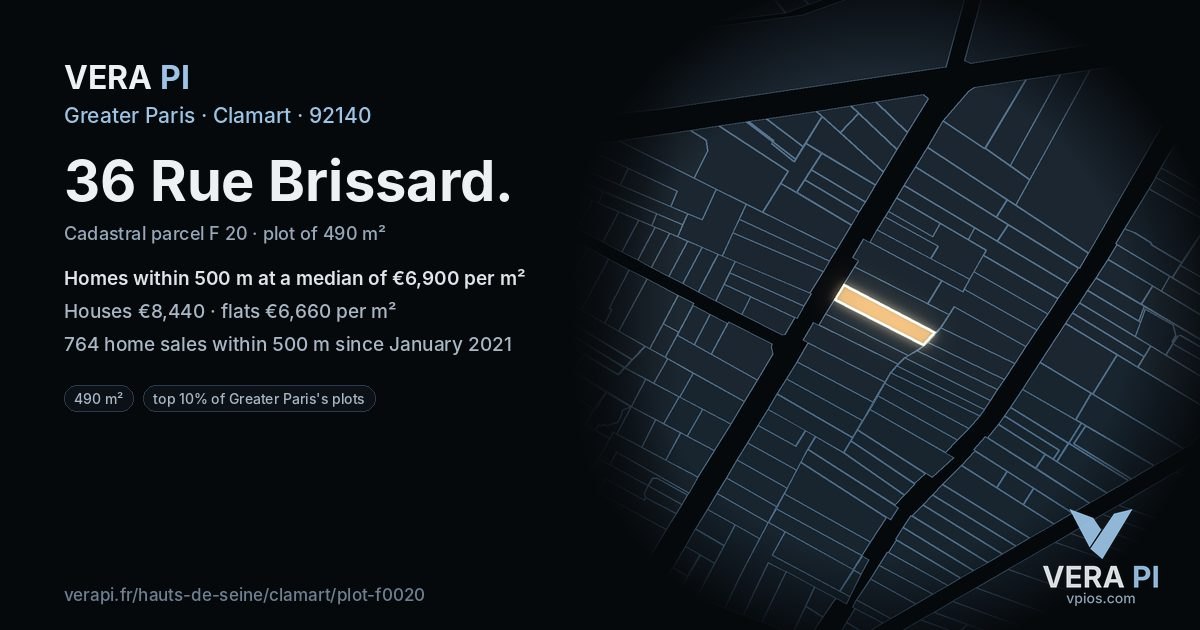 36 Rue Brissard, Clamart at night – the plot lit, the parcels around coloured by the prices near them