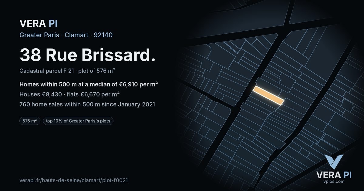 38 Rue Brissard, Clamart at night – the plot lit, the parcels around coloured by the prices near them