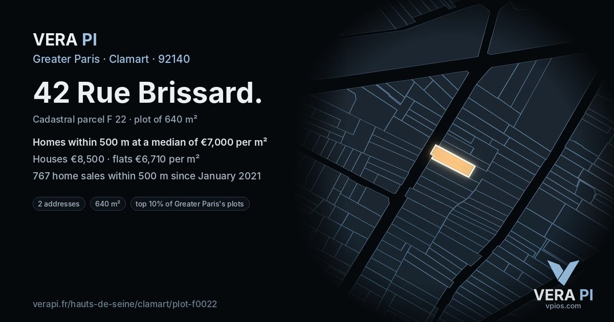 42 Rue Brissard, Clamart at night – the plot lit, the parcels around coloured by the prices near them