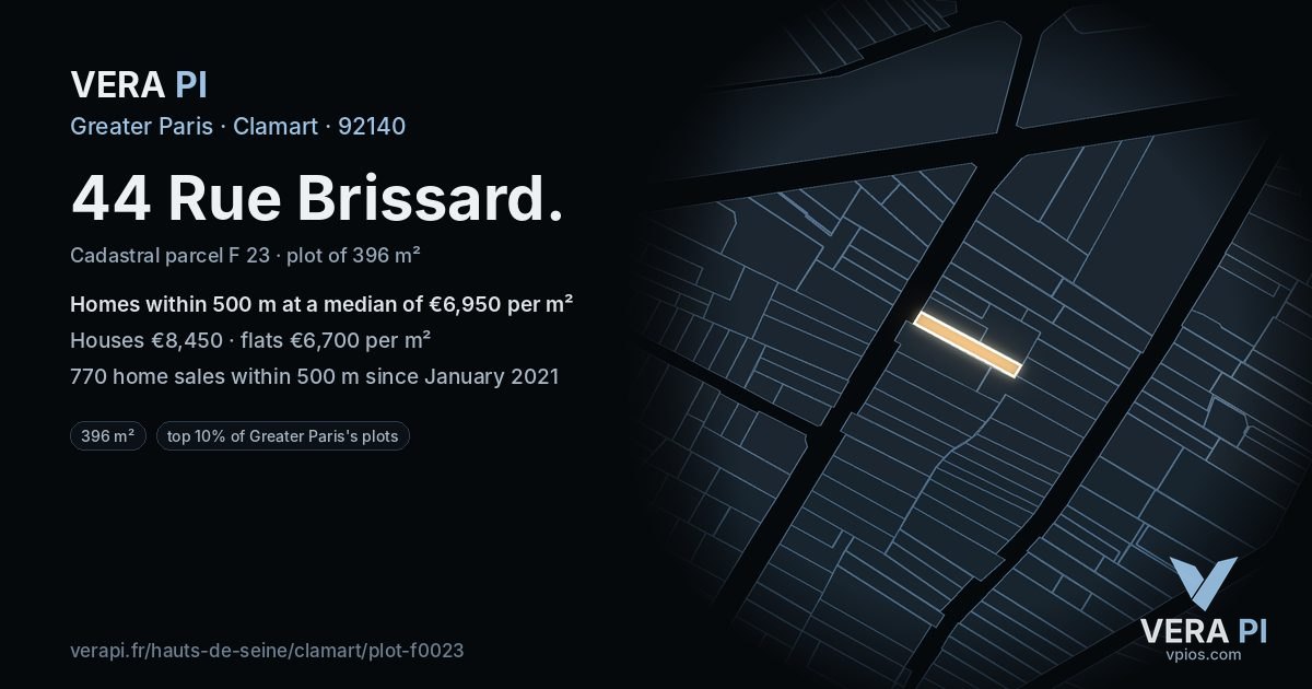 44 Rue Brissard, Clamart at night – the plot lit, the parcels around coloured by the prices near them