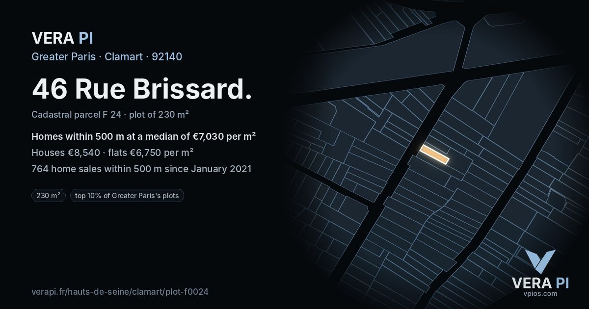 46 Rue Brissard, Clamart at night – the plot lit, the parcels around coloured by the prices near them