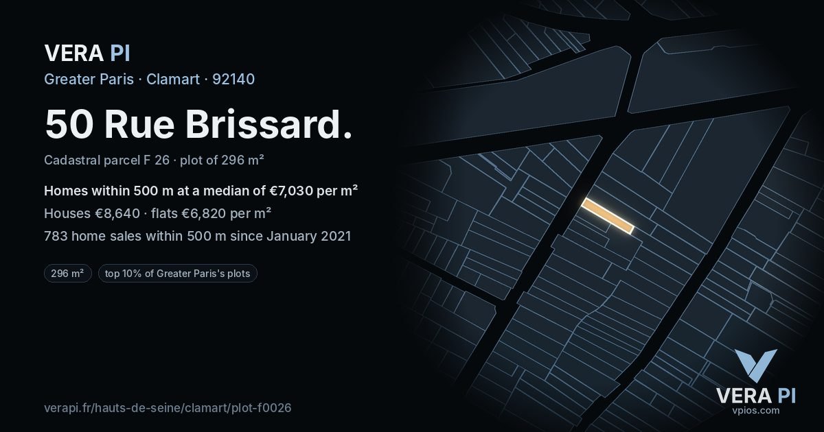 50 Rue Brissard, Clamart at night – the plot lit, the parcels around coloured by the prices near them
