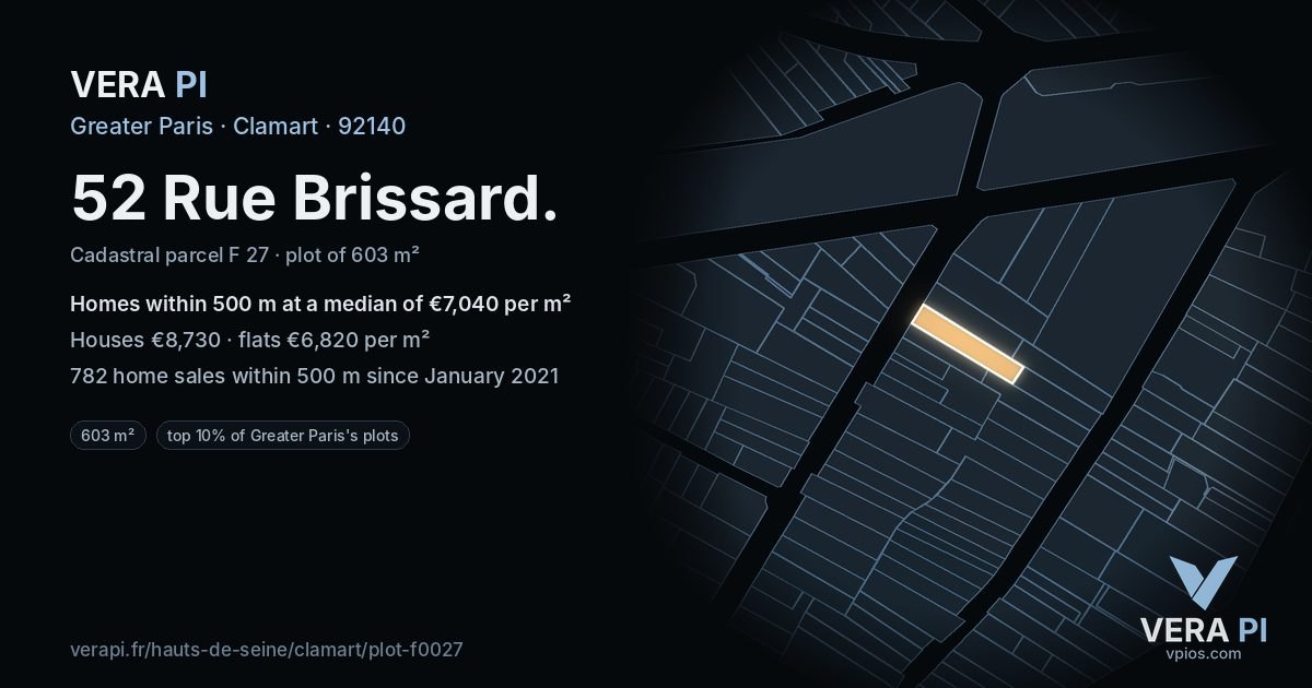 52 Rue Brissard, Clamart at night – the plot lit, the parcels around coloured by the prices near them