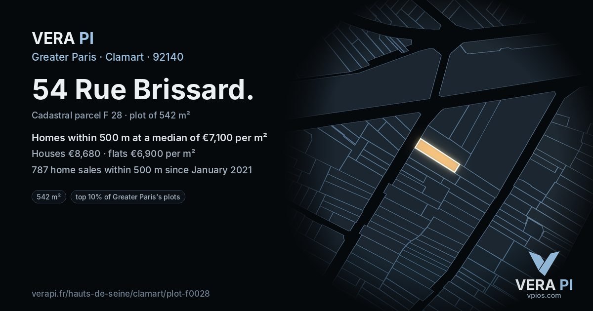 54 Rue Brissard, Clamart at night – the plot lit, the parcels around coloured by the prices near them