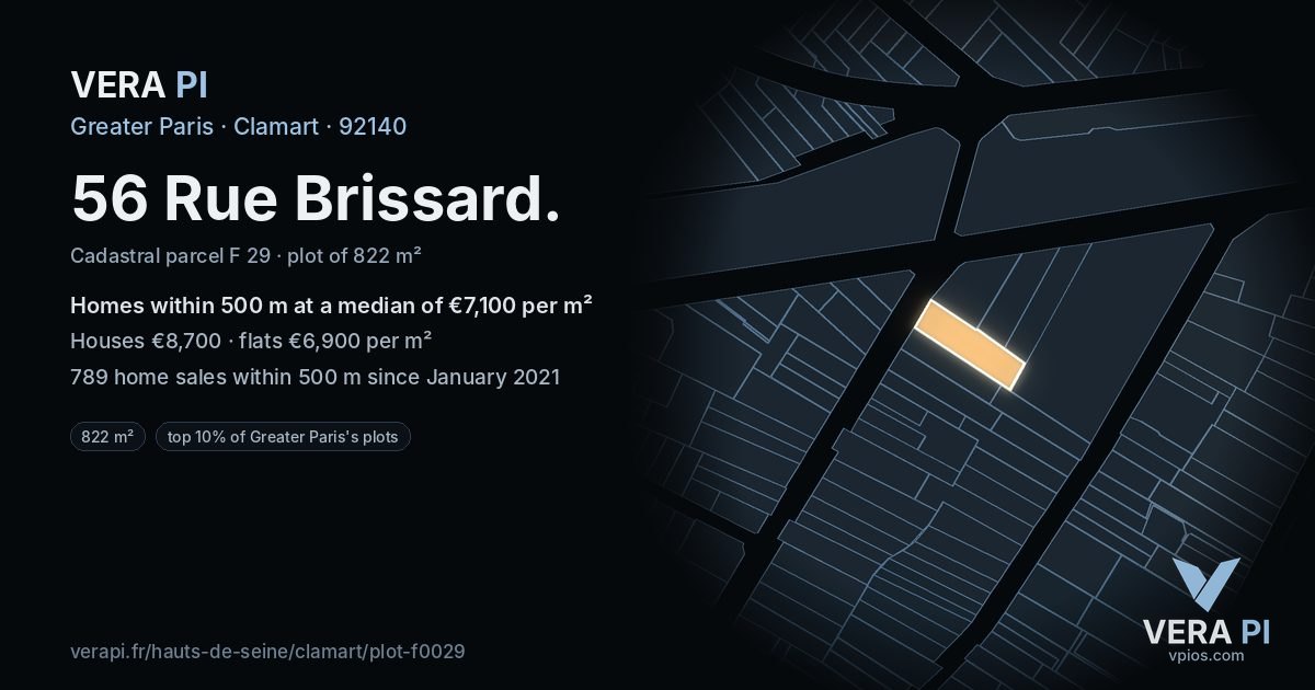 56 Rue Brissard, Clamart at night – the plot lit, the parcels around coloured by the prices near them