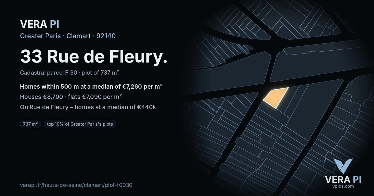33 Rue de Fleury, Clamart at night – the plot lit, the parcels around coloured by the prices near them