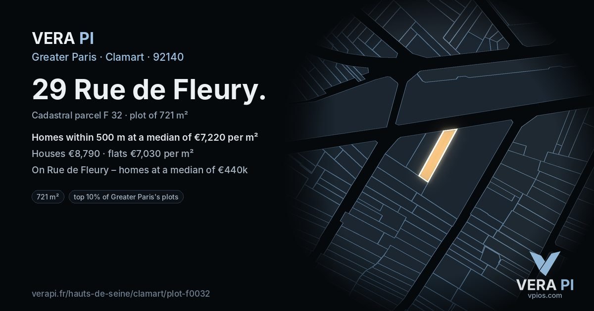 29 Rue de Fleury, Clamart at night – the plot lit, the parcels around coloured by the prices near them
