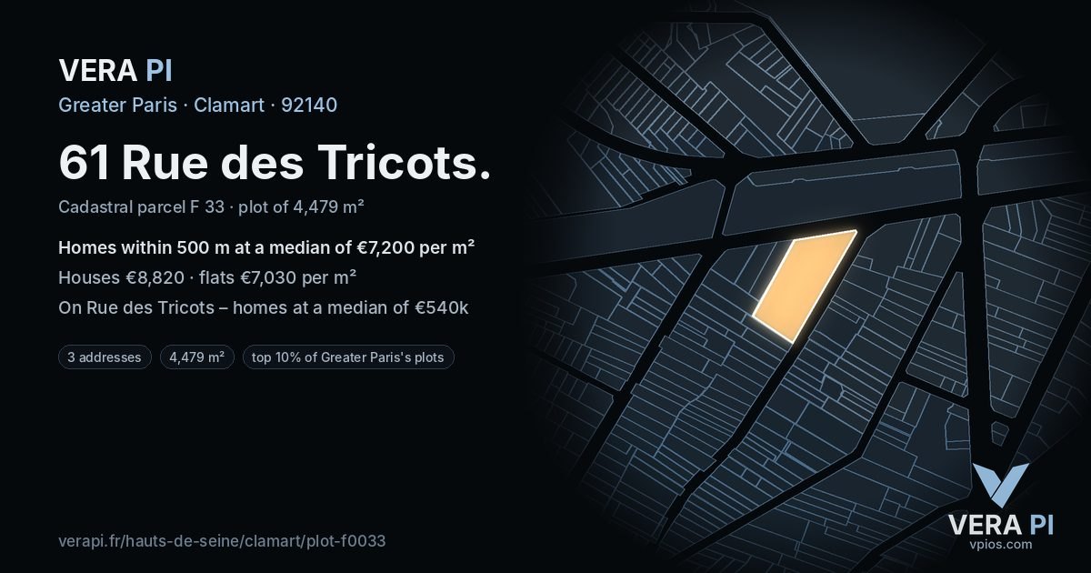 61 Rue des Tricots, Clamart at night – the plot lit, the parcels around coloured by the prices near them