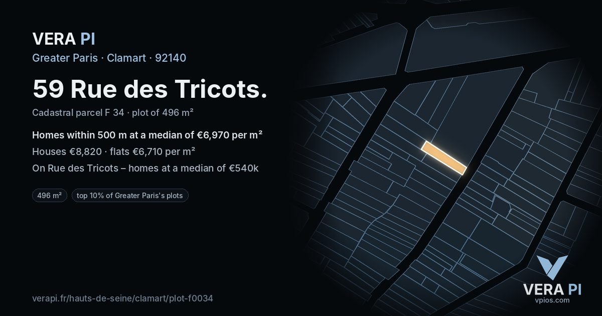 59 Rue des Tricots, Clamart at night – the plot lit, the parcels around coloured by the prices near them