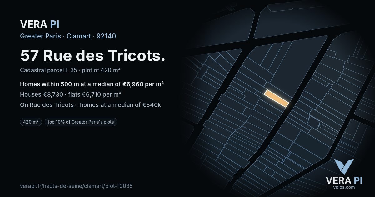 57 Rue des Tricots, Clamart at night – the plot lit, the parcels around coloured by the prices near them