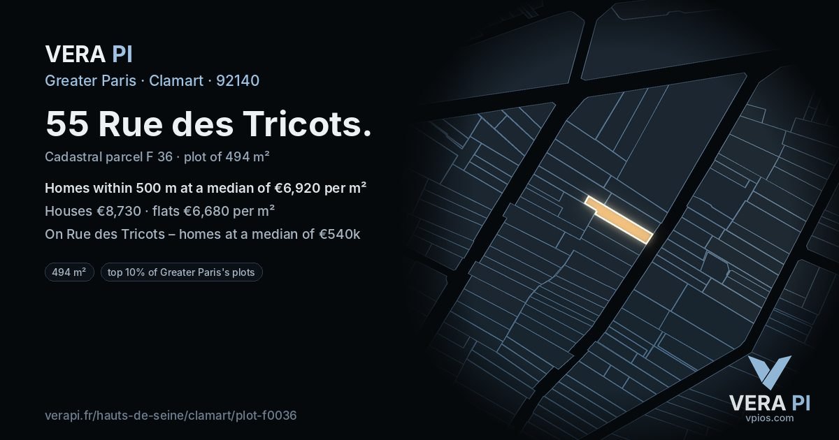 55 Rue des Tricots, Clamart at night – the plot lit, the parcels around coloured by the prices near them