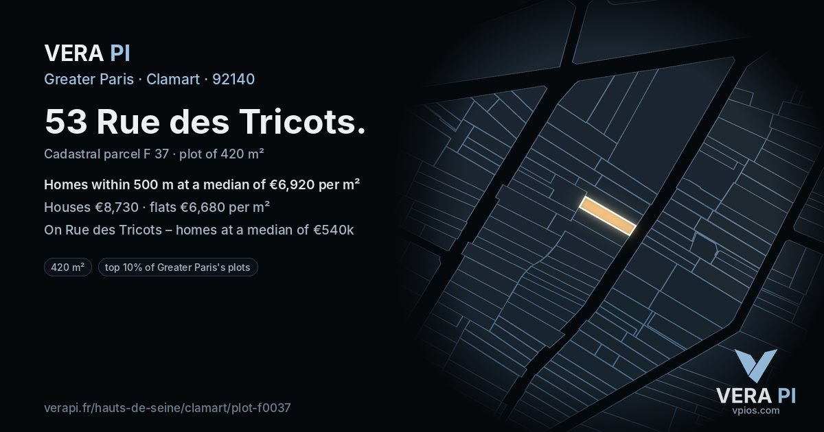 53 Rue des Tricots, Clamart at night – the plot lit, the parcels around coloured by the prices near them