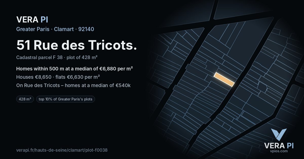 51 Rue des Tricots, Clamart at night – the plot lit, the parcels around coloured by the prices near them