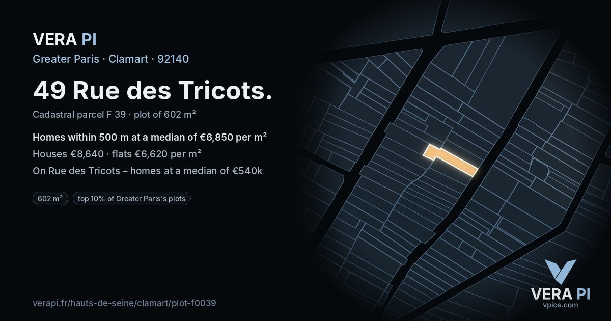 49 Rue des Tricots, Clamart at night – the plot lit, the parcels around coloured by the prices near them