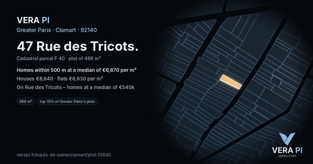 47 Rue des Tricots, Clamart at night – the plot lit, the parcels around coloured by the prices near them