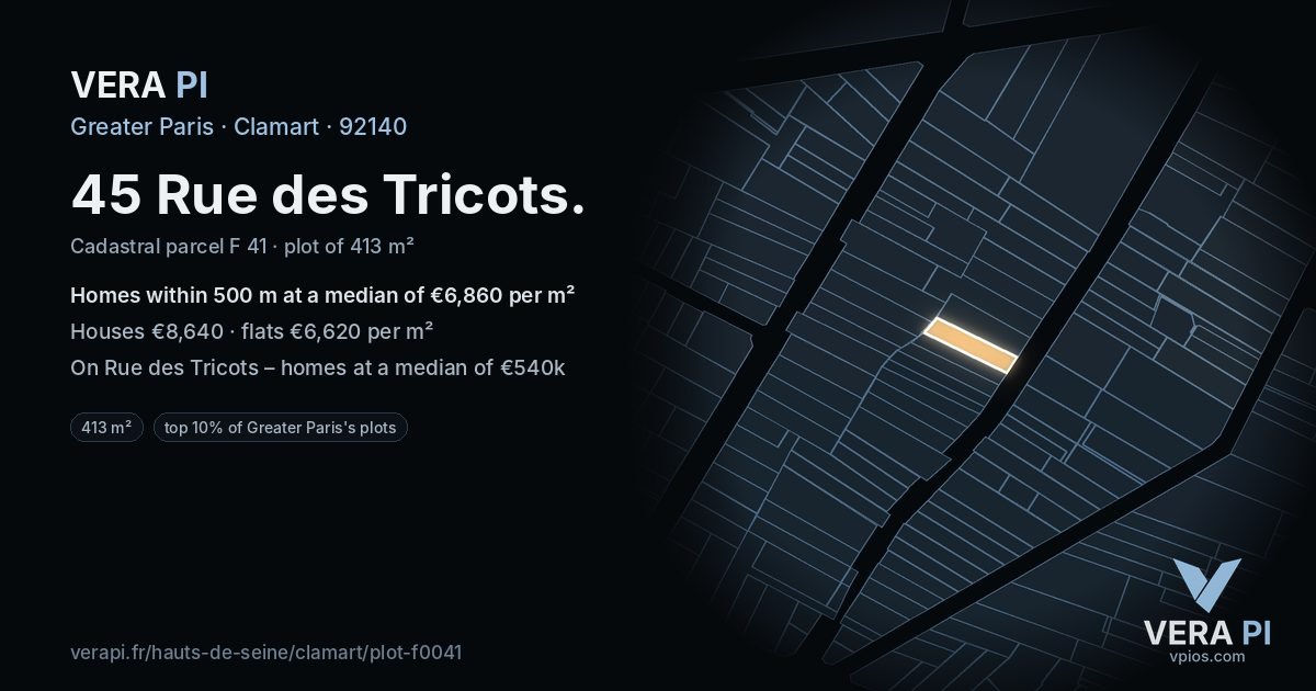 45 Rue des Tricots, Clamart at night – the plot lit, the parcels around coloured by the prices near them