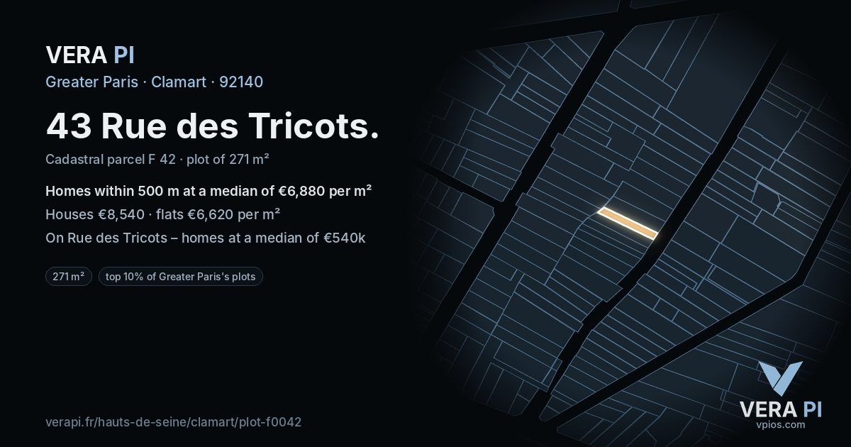 43 Rue des Tricots, Clamart at night – the plot lit, the parcels around coloured by the prices near them