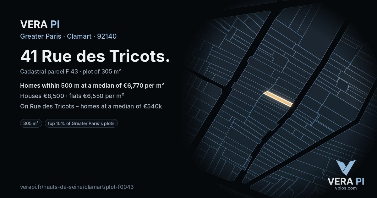 41 Rue des Tricots, Clamart at night – the plot lit, the parcels around coloured by the prices near them
