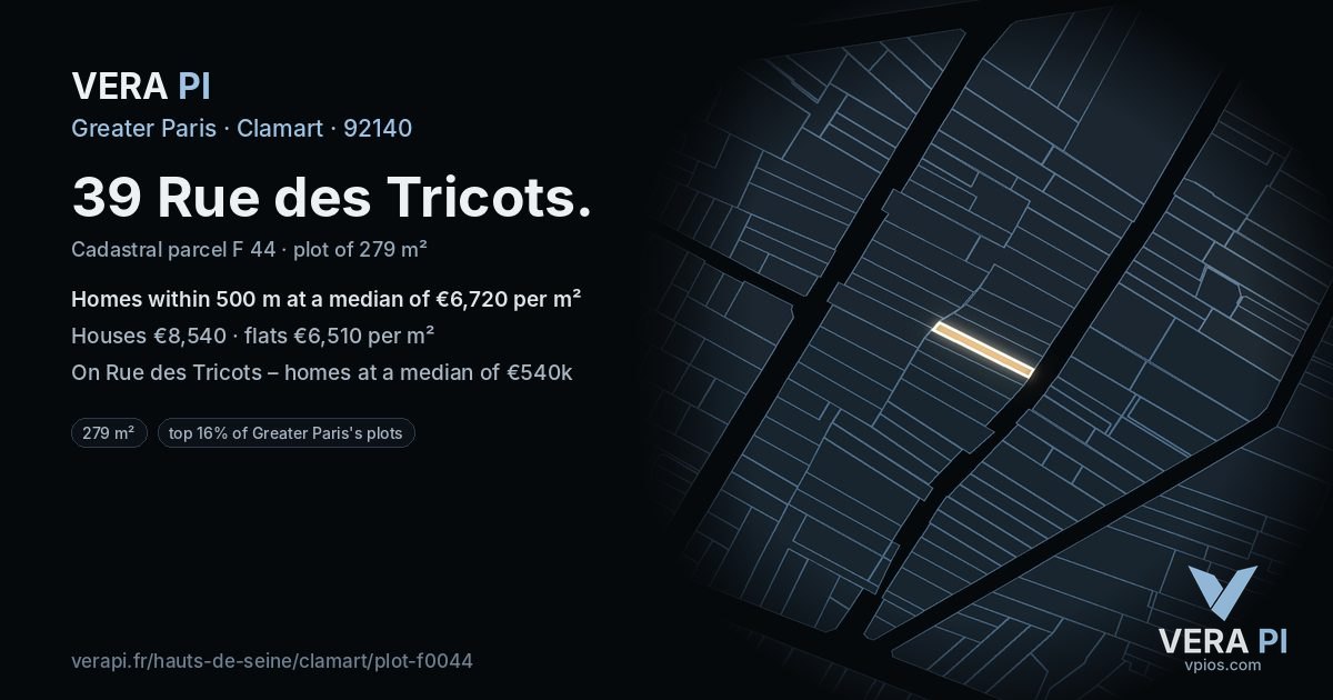 39 Rue des Tricots, Clamart at night – the plot lit, the parcels around coloured by the prices near them
