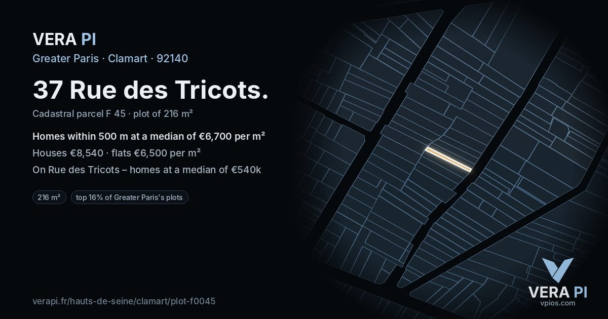 37 Rue des Tricots, Clamart at night – the plot lit, the parcels around coloured by the prices near them
