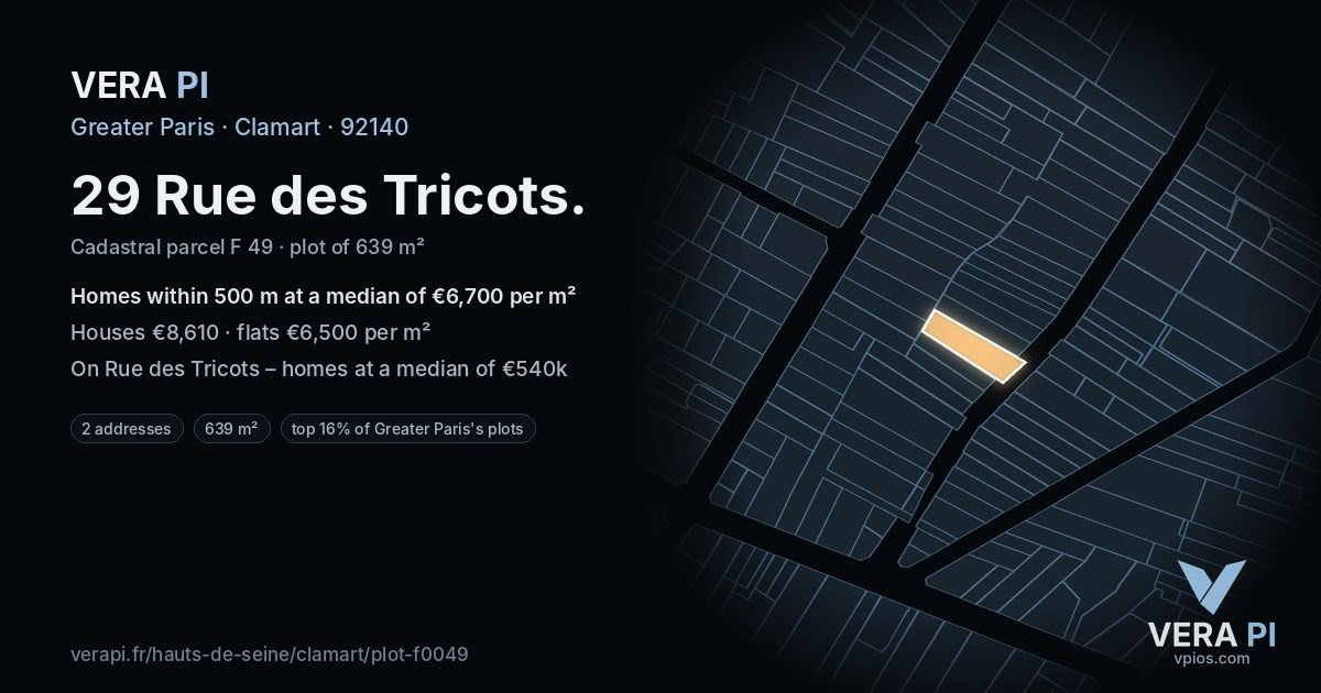 29 Rue des Tricots, Clamart at night – the plot lit, the parcels around coloured by the prices near them