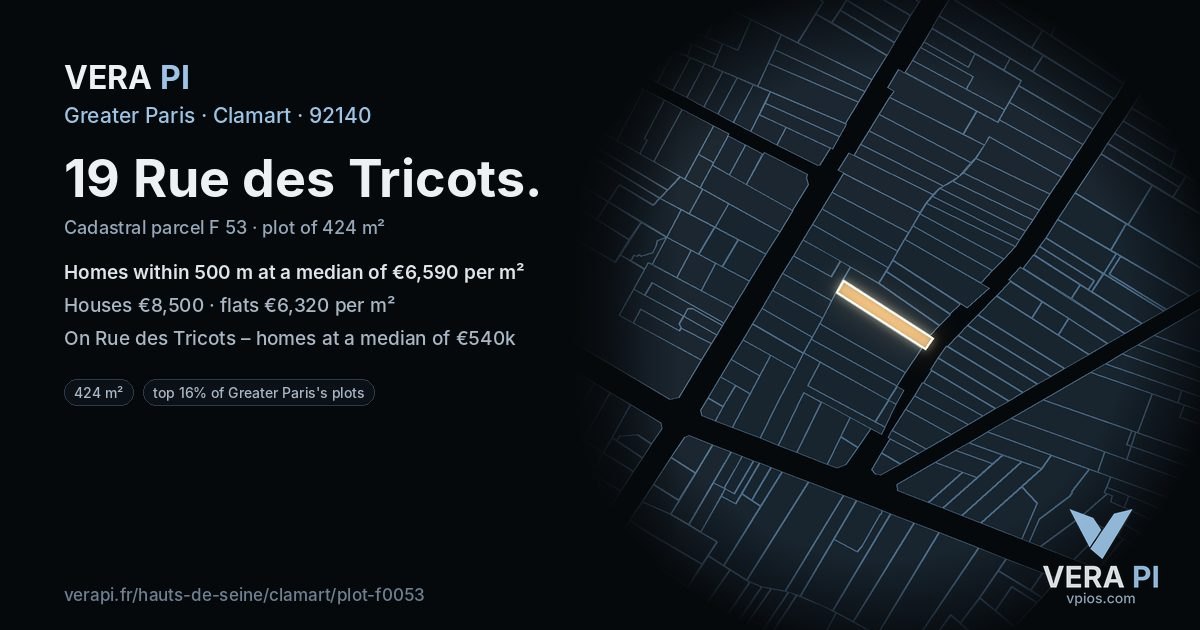 19 Rue des Tricots, Clamart at night – the plot lit, the parcels around coloured by the prices near them