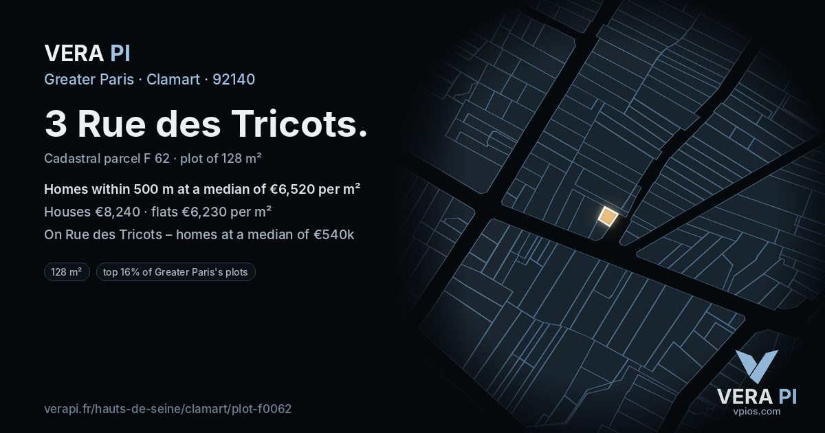 3 Rue des Tricots, Clamart at night – the plot lit, the parcels around coloured by the prices near them