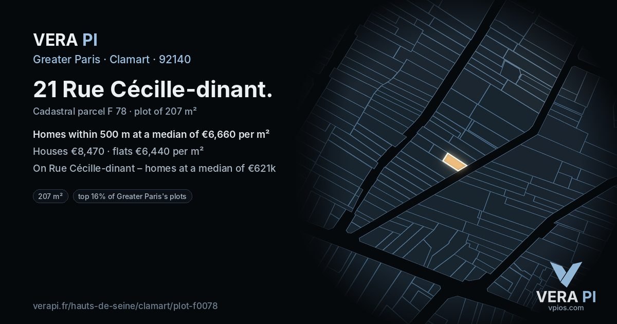 21 Rue Cécille-dinant, Clamart at night – the plot lit, the parcels around coloured by the prices near them