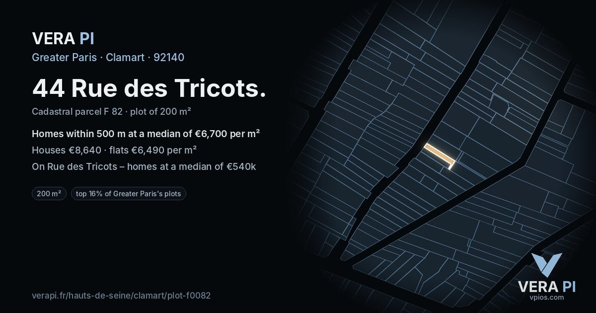 44 Rue des Tricots, Clamart at night – the plot lit, the parcels around coloured by the prices near them
