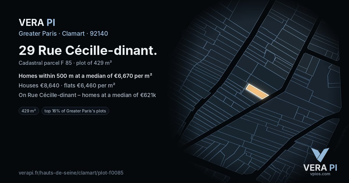 29 Rue Cécille-dinant, Clamart at night – the plot lit, the parcels around coloured by the prices near them