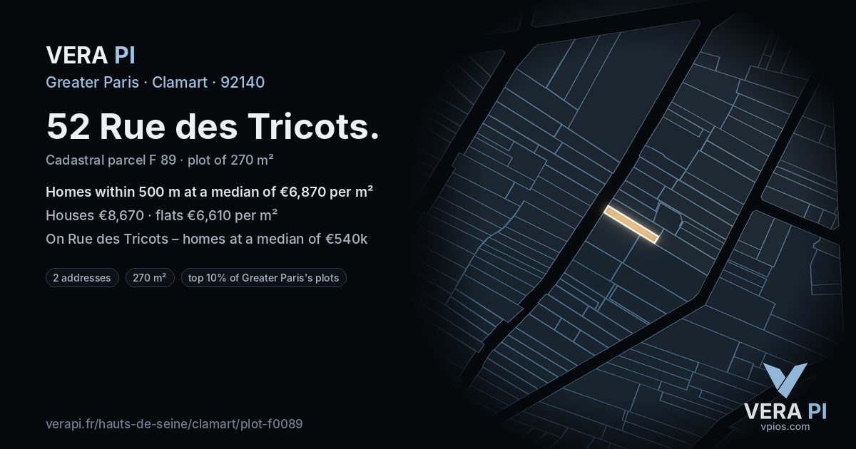 52 Rue des Tricots, Clamart at night – the plot lit, the parcels around coloured by the prices near them