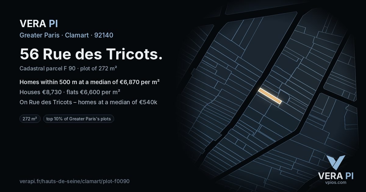 56 Rue des Tricots, Clamart at night – the plot lit, the parcels around coloured by the prices near them