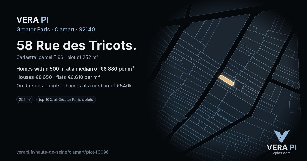 58 Rue des Tricots, Clamart at night – the plot lit, the parcels around coloured by the prices near them