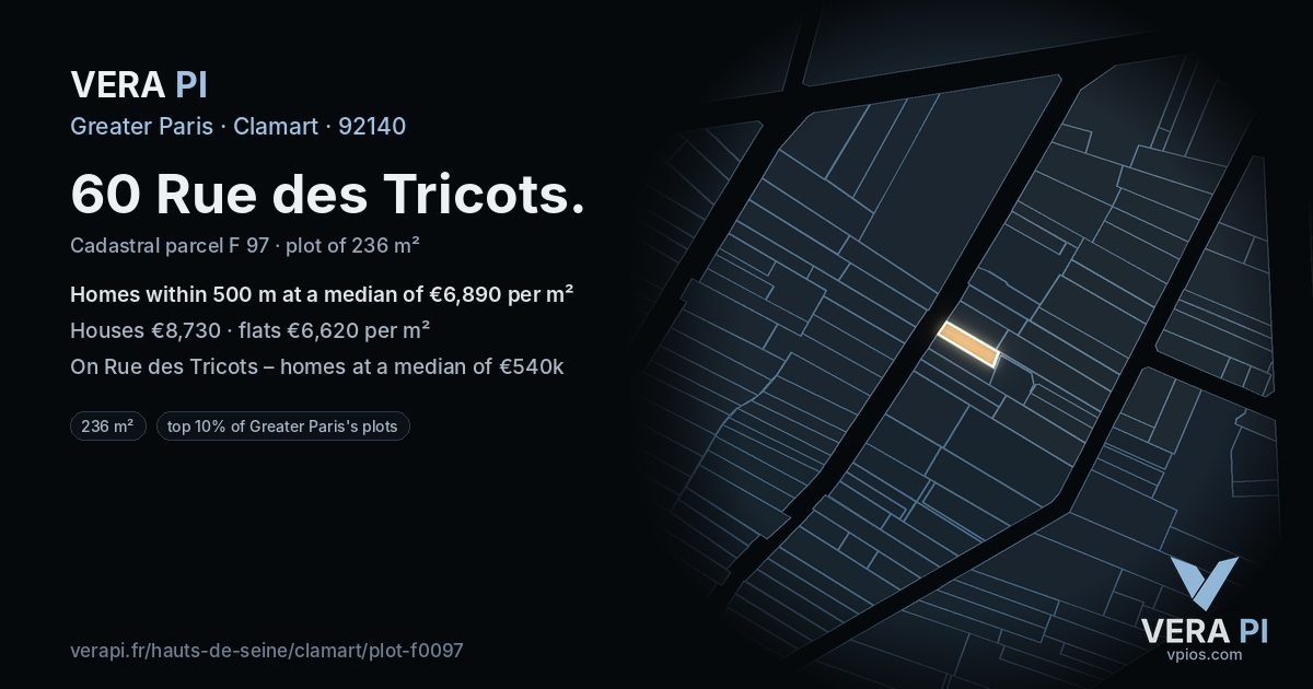60 Rue des Tricots, Clamart at night – the plot lit, the parcels around coloured by the prices near them