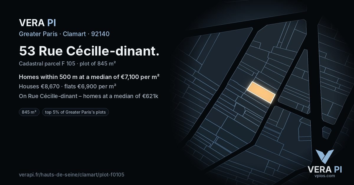 53 Rue Cécille-dinant, Clamart at night – the plot lit, the parcels around coloured by the prices near them