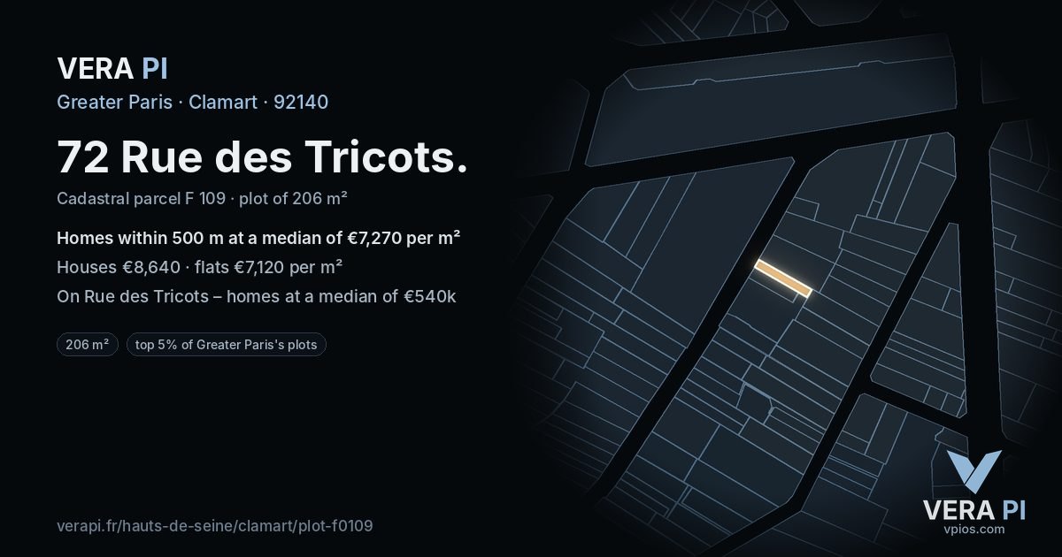 72 Rue des Tricots, Clamart at night – the plot lit, the parcels around coloured by the prices near them