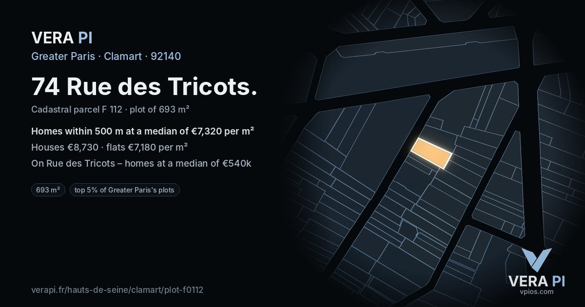 74 Rue des Tricots, Clamart at night – the plot lit, the parcels around coloured by the prices near them