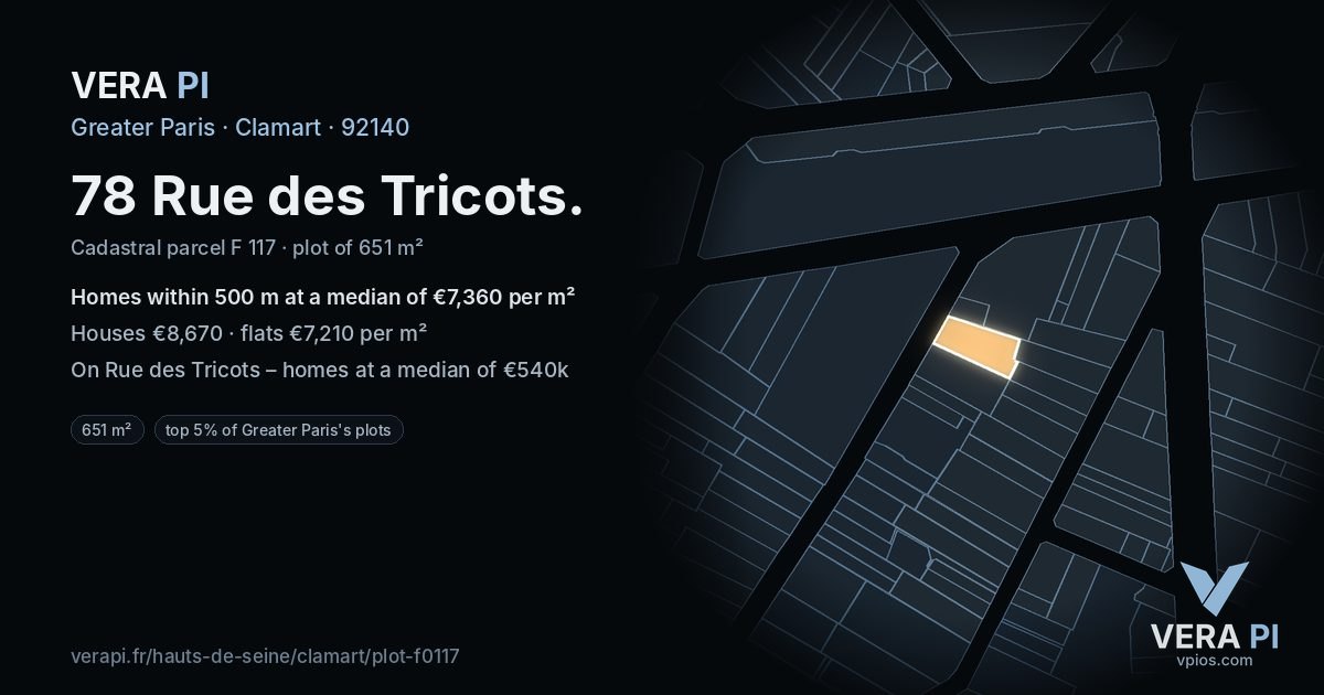 78 Rue des Tricots, Clamart at night – the plot lit, the parcels around coloured by the prices near them
