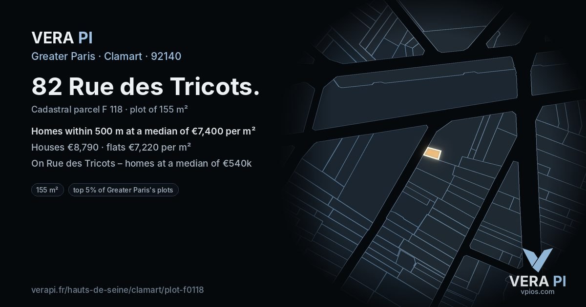 82 Rue des Tricots, Clamart at night – the plot lit, the parcels around coloured by the prices near them