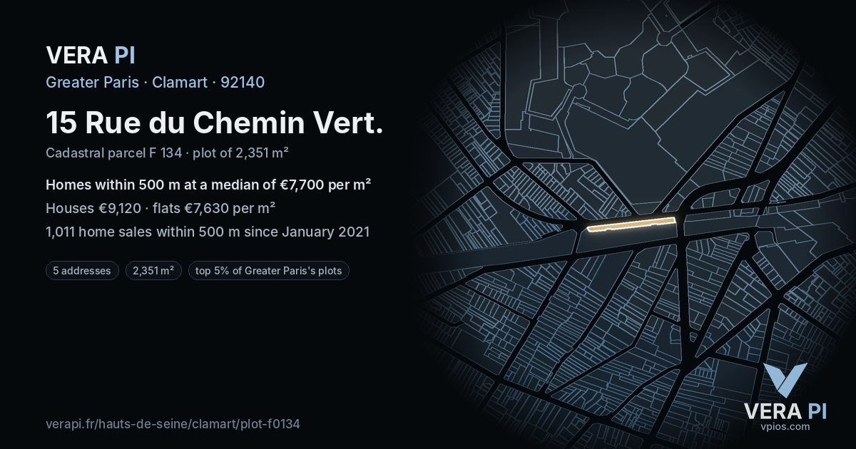 15 Rue du Chemin Vert, Clamart at night – the plot lit, the parcels around coloured by the prices near them
