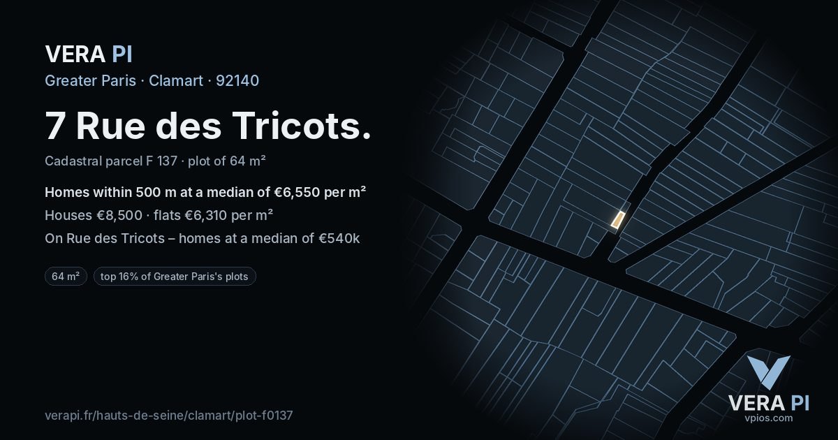 7 Rue des Tricots, Clamart at night – the plot lit, the parcels around coloured by the prices near them
