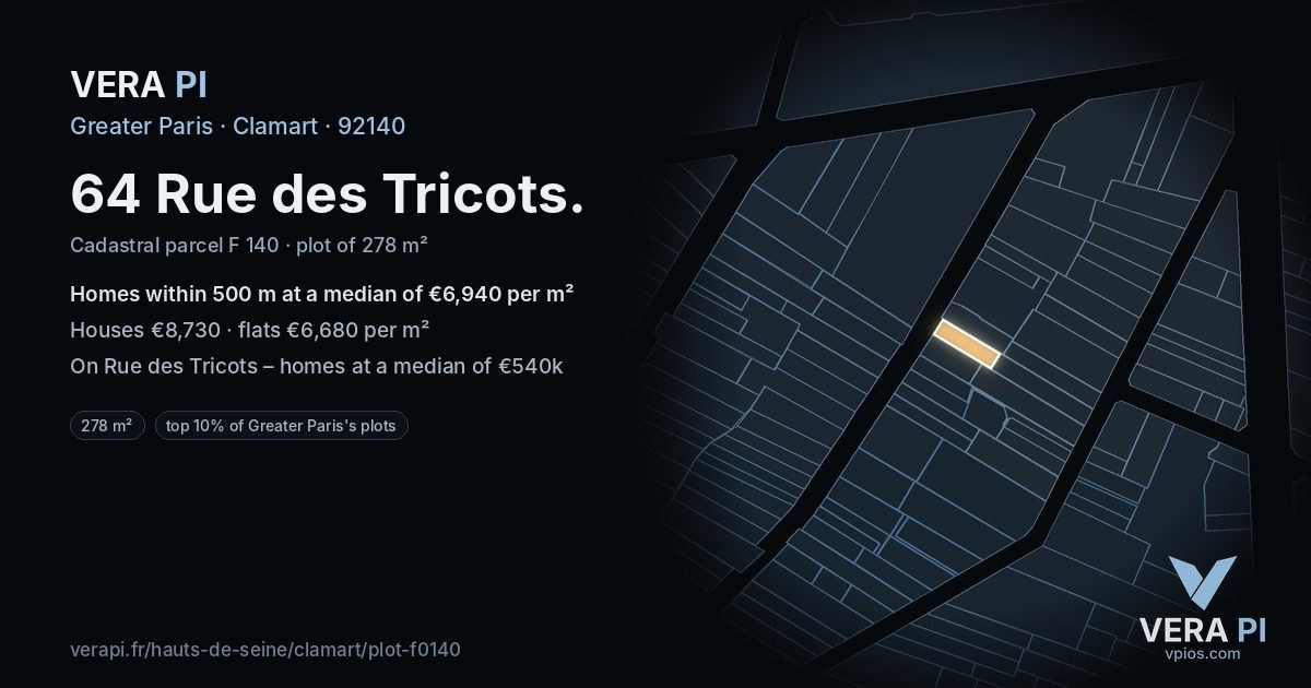 64 Rue des Tricots, Clamart at night – the plot lit, the parcels around coloured by the prices near them