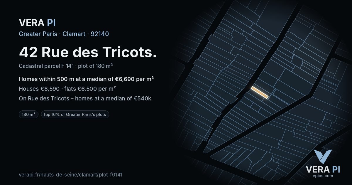 42 Rue des Tricots, Clamart at night – the plot lit, the parcels around coloured by the prices near them