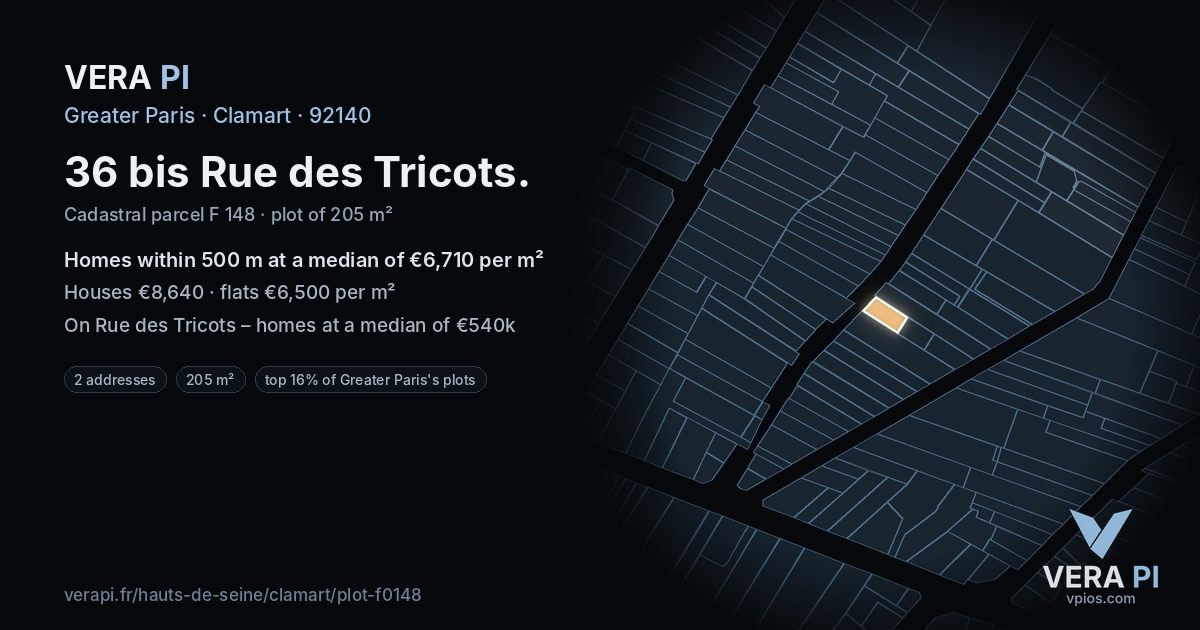 36 bis Rue des Tricots, Clamart at night – the plot lit, the parcels around coloured by the prices near them