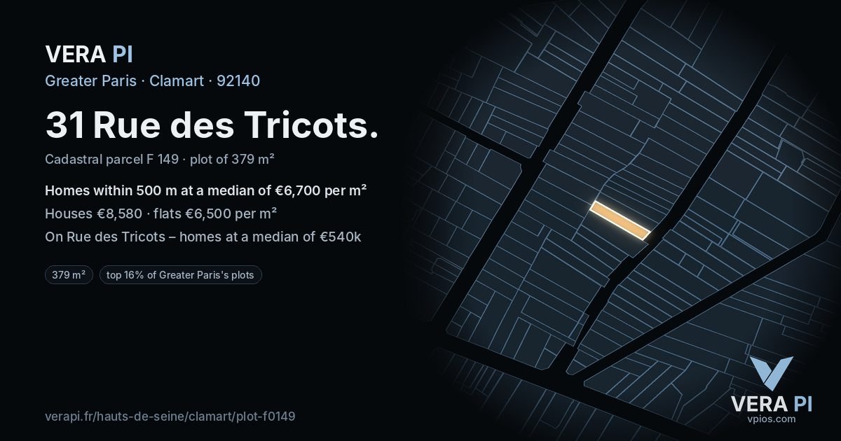 31 Rue des Tricots, Clamart at night – the plot lit, the parcels around coloured by the prices near them